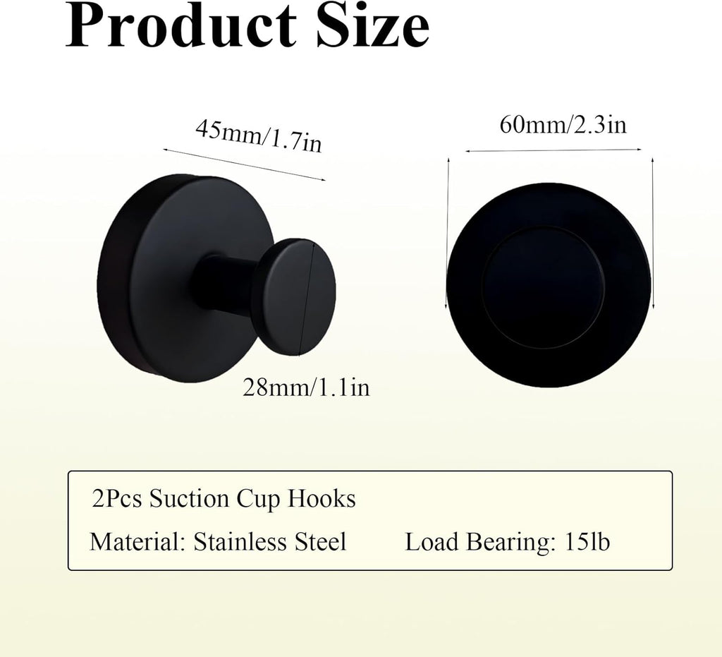 Skiennix Suction Cup Hooks - Durable Stainless Steel Towel Holders for Shower & Bathroom | Matte Black, 2-Pack