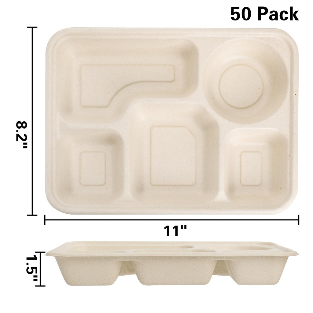 Hacaroa 50 Pack 5 Compartment Paper Plates Disposable, 11" x 8" Compostable Bagasse Plate School Lunch Trays, Biodegradable Divided Sugarcane Plates for Party, Picnic, Heavy Duty