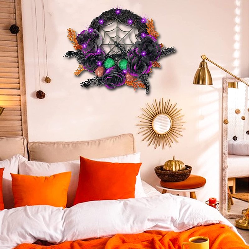 Halloween Purple LED Wreath for Front Door - 17.7 Inch Artificial Decor