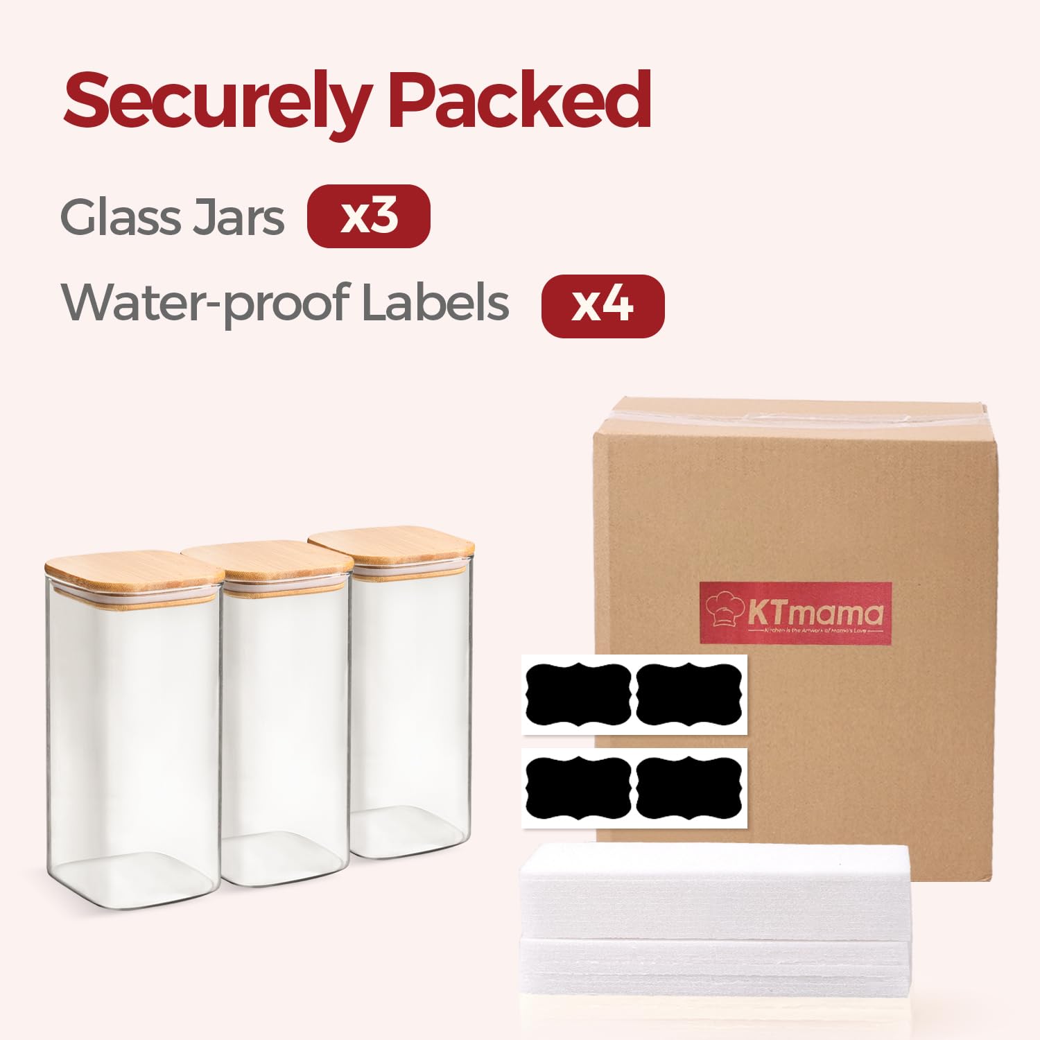 KTMAMA Airtight Glass Storage Canister with Lids, Kitchen Pantry Storage Jar with Labels, Food Storage Container for Sugar Tea Coffee Beans Snacks (2 pack 1.6qt)