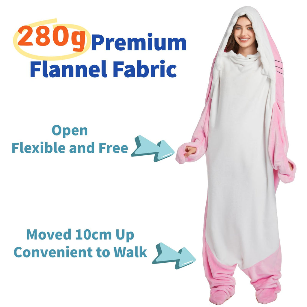 Shark Blanket Hoodie Onesie for Adult Kids, Cozy Flannel Throw Wearable Blanket, Cartoon Animals Shark Onesie Shark Costume (Pink, Large)
