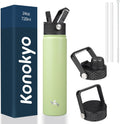 Skiennix Insulated Water Bottle - 24oz Stainless Steel Sport Bottle with 3 Lids | Macaron Green