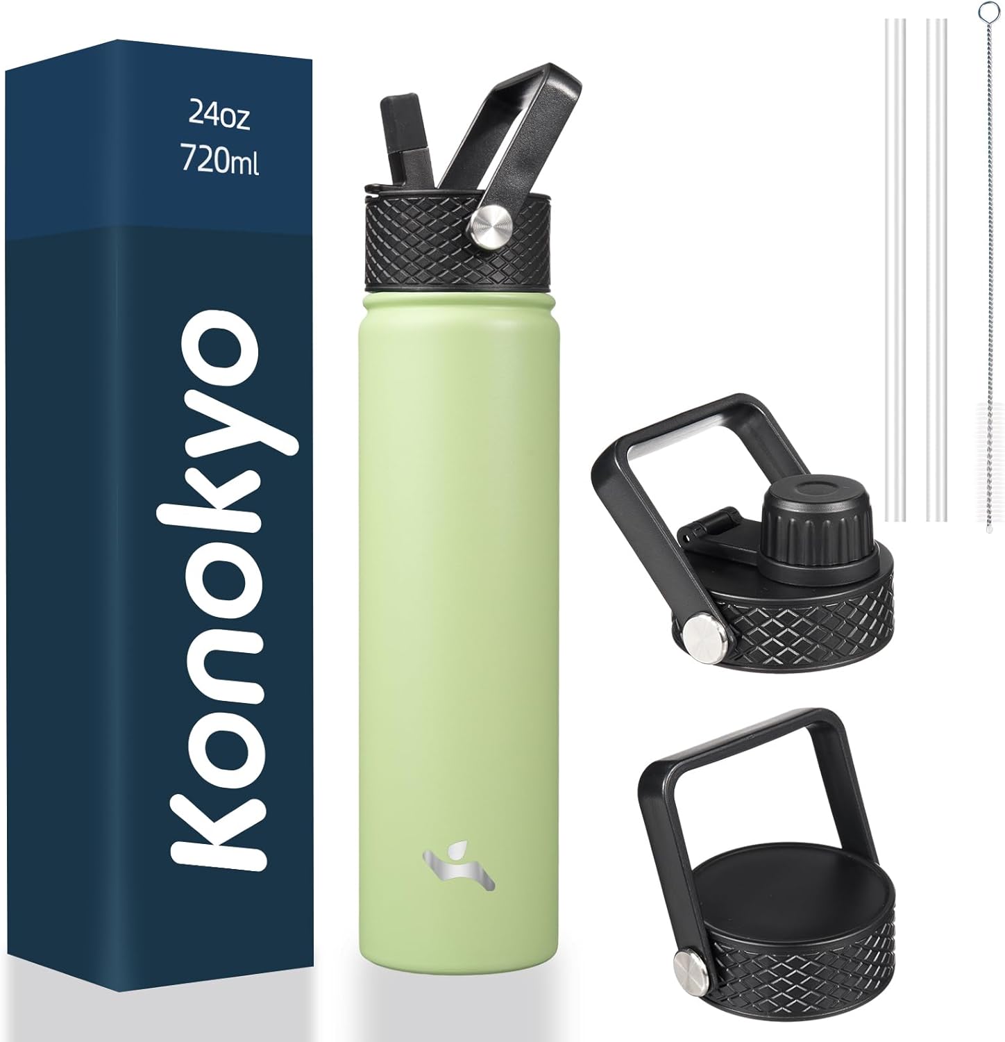 Skiennix Insulated Water Bottle - 24oz Stainless Steel Sport Bottle with 3 Lids | Macaron Green
