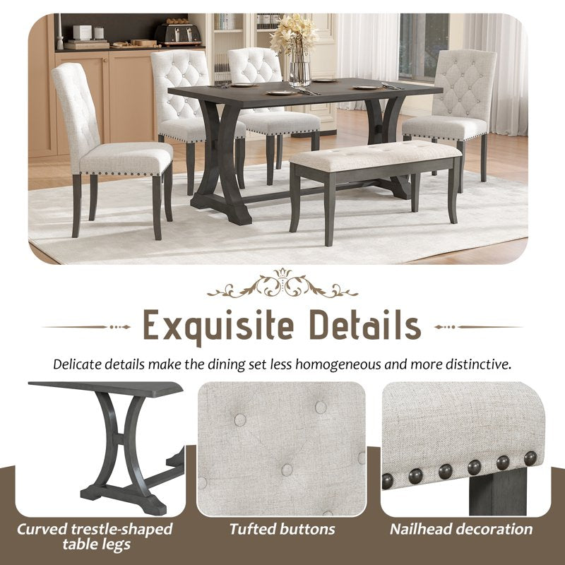 60" 6-Piece Dining Table Set - Antique Gray, Modern Design