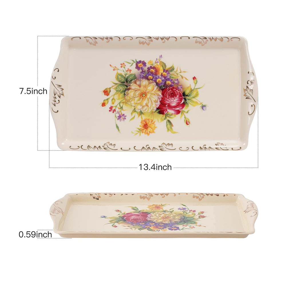 YOLIFE Ceramic Tea Serving Tray, Floral with Gold Leaves Trim Decorative Platter for Tea Party - 13.5 x 7.5 inch