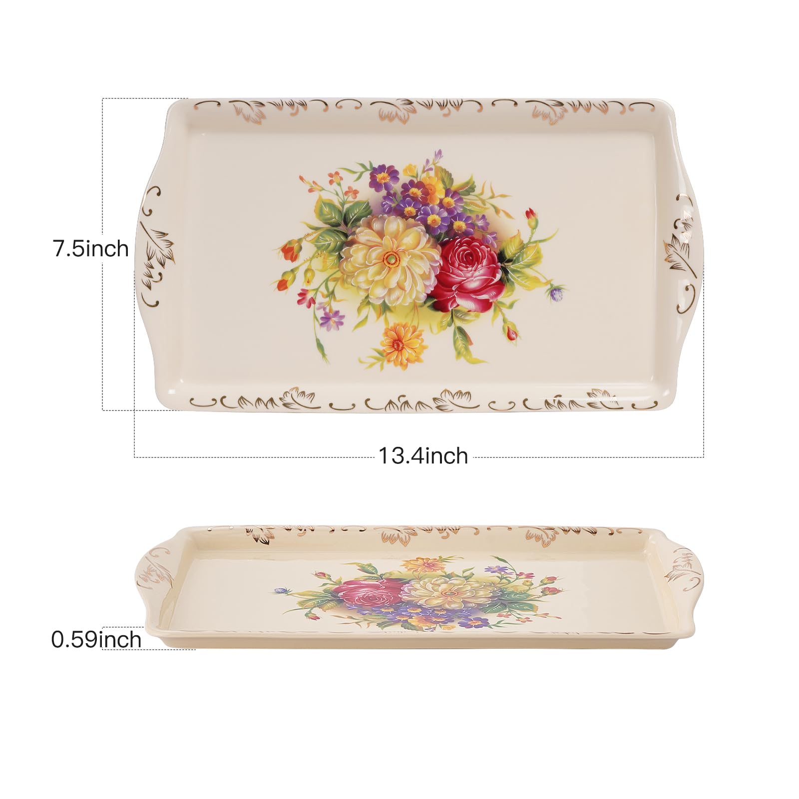 YOLIFE Ceramic Tea Serving Tray, Floral with Gold Leaves Trim Decorative Platter for Tea Party - 13.5 x 7.5 inch