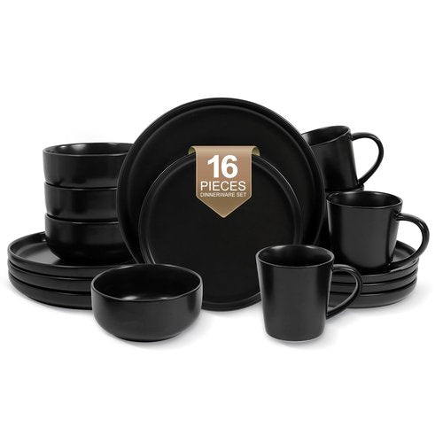 EWFEN 16-Piece Ceramic Dinnerware Sets with Mugs for 4, Black Plates and Bowls Set with Classic Design, Scratch Resistant Dishes Set, Dishwasher & Microwave Safe