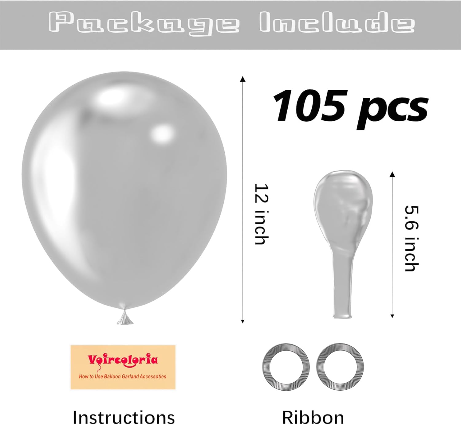 Voircoloria 105pcs Metallic Silver Balloons - 12 Inch Latex Party Decorations for Birthdays, Weddings & More