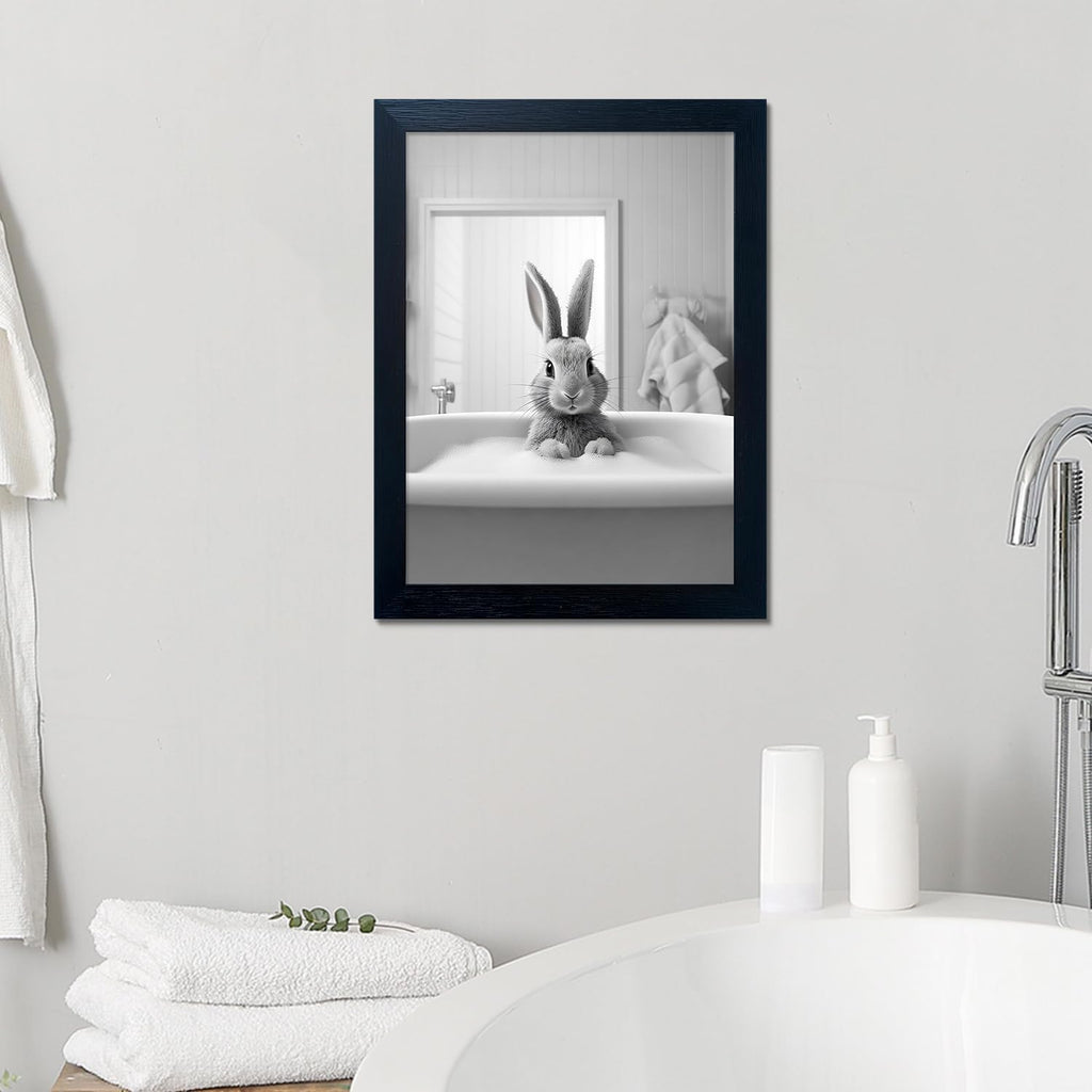 Regine Switzerland Funny Kids Bathroom Wall Art - Cute Black and White Animal Canvas Print | Framed Rabbit in Bathtub Decor