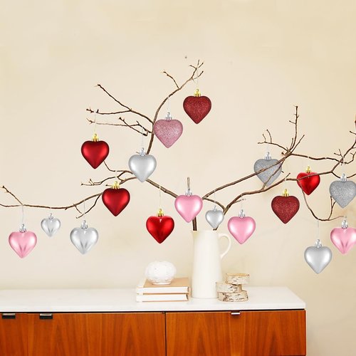 36Pcs Valentine's Day Heart Hanging Ornaments for Tree Decorations, Galentines Day Decorations Heart Shaped Baubles for Home Party Wedding Decor (Rose Red,Pink,Silver,Glitter