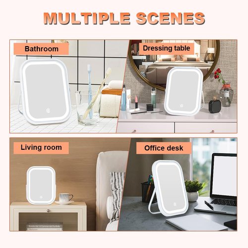 Leadzones Rechargeable Desk Vanity Makeup Mirror with Lights,8x6 Inch Folding Portable Mirror with Metal Stand Adjustable Rotation,Tavel Make Up Mirror for Table