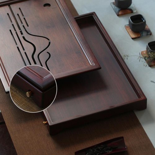 JIKUGO Bamboo Tea Tray Chinese Kungfu Tea 19.5x13.3x2.55in Serving Tray Vintage Tea Set Office Tea Tray Gongfu Water Storage Bamboo Tea Table Large