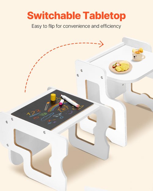 VEVOR Montessori Weaning Table and Chair Set, 3 in 1 Wooden Toddler Table and Chairs with Chalkboard, Adjustable Height Montessori Table for Ages 1-5, Ideal for Drawing, Reading, Eating - White