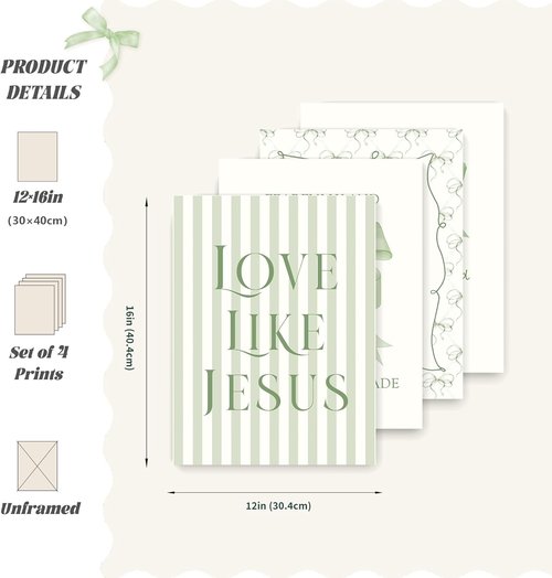 LARTSFRO Coquette Wall Art Decor - Sage Green Bow Posters | Inspirational Bible Verses | 12x16 Inch Set of 4 (Unframed)