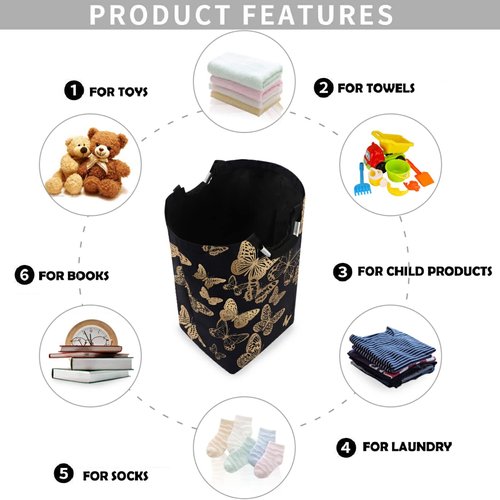 visesunny Large Capacity Laundry Hamper Basket Black Gold Butterfly Water-Resistant Oxford Cloth Storage Baskets for Bedroom, Bathroom, Dorm, Kids Room