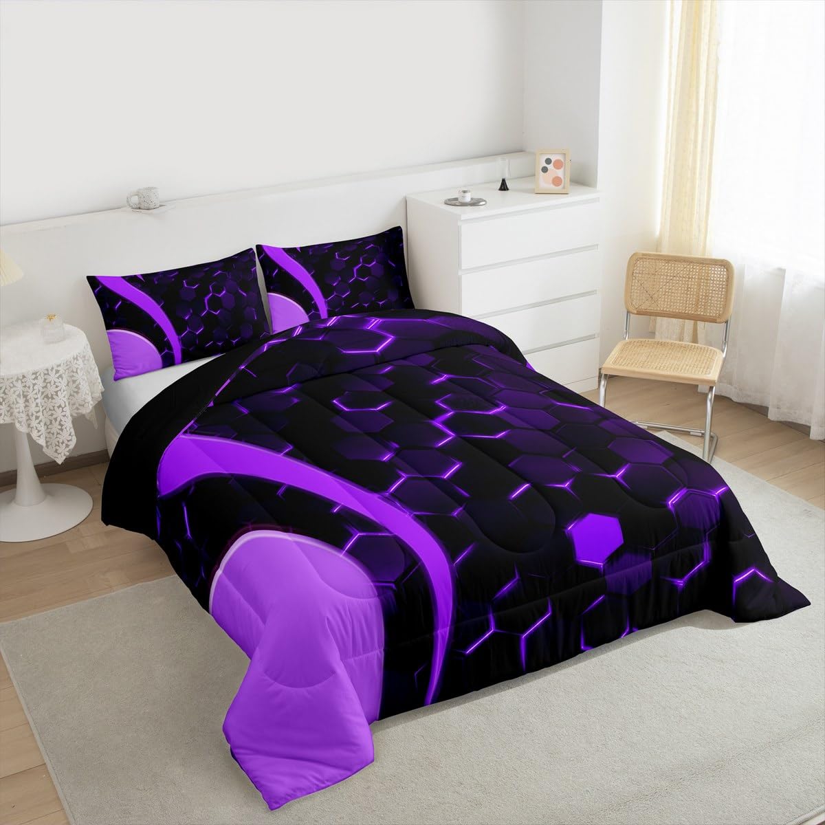 Feelyou Honeycomb Comforter Hexagonal Print Bedding Set Geometrical Beehive Purple Blue Comforter Set for Boys Girls Teens Decor Modern Art Duvet Set Quilt Twin Size Boys