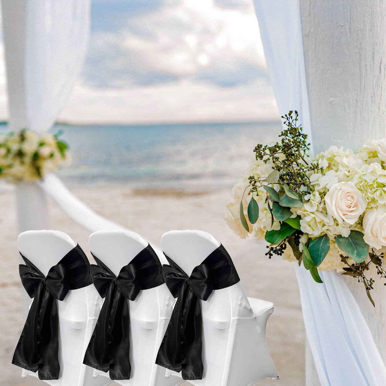 Skiennix Satin Chair Sashes - 12PCS Elegant Ribbon Ties for Weddings & Events | Black