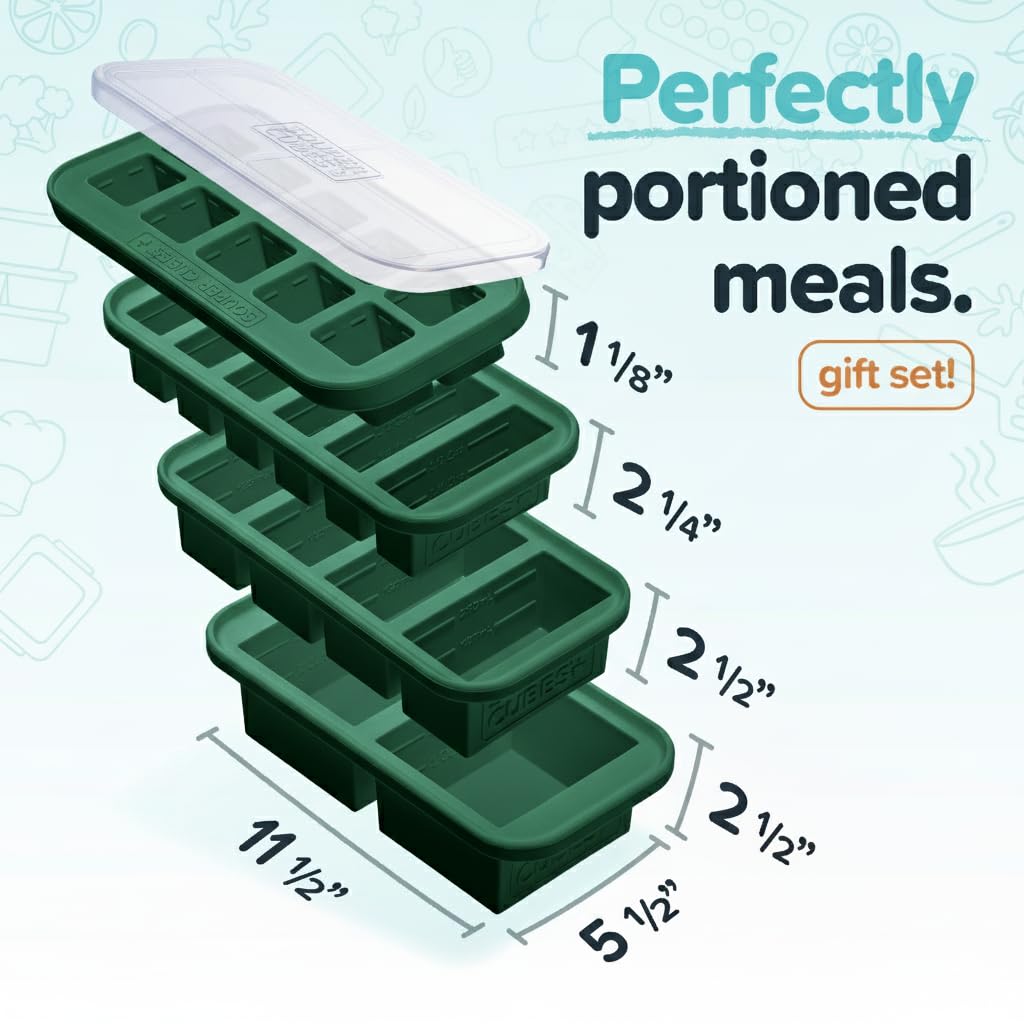 Souper Cubes Silicone Freezer Molds Gift Set with 2 Tbsp, 1/2, 1, and 2 Cup Silicone Freezer Trays With Lids - Meal Prep and Kitchen Essentials Bundle - Kale