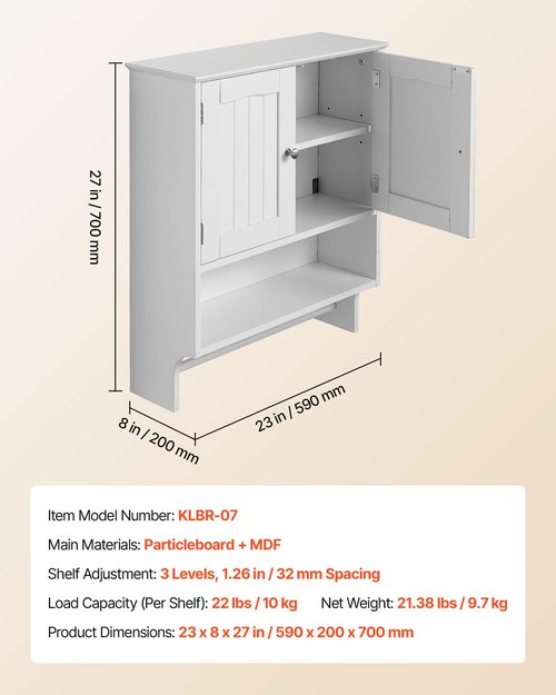 VEVOR Bathroom Wall Cabinet, 23" W x 27" H Storage Medicine Cabinet Wall Mounted, Hanging Organizer with Open Partition and Towel Bar for Laundry Room Kitchen, White