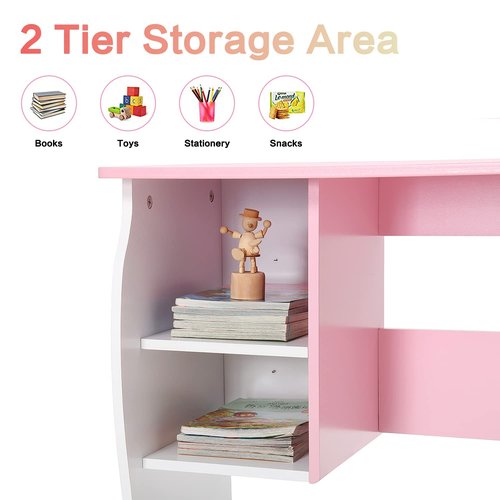 ocinone Kids Desk and Chair Set, Children Study Desk with Storage Shelf, Wooden School Study Table, Writing Table for Home School Use(Pink White)