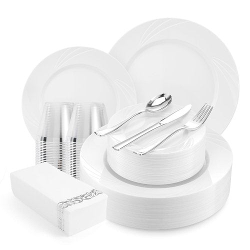 VajilaPhil 350-Piece White Swirls Plastic Dinnerware Set for 50 Guests, Elegant Disposable Dinnerware for Party, Wedding. Includes 10.25" Dinner Plates, 6.5" Dessert Plates, Silverware, Napkins, Cups