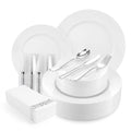 VajilaPhil 350-Piece White Swirls Plastic Dinnerware Set for 50 Guests, Elegant Disposable Dinnerware for Party, Wedding. Includes 10.25" Dinner Plates, 6.5" Dessert Plates, Silverware, Napkins, Cups