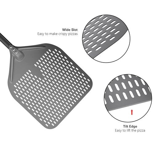 G.a HOMEFAVOR 14" x 17" Perforated Pizza Peel 35 Inch overall, Rectangular Aluminum Pizza Turning Peel with Extended Silcone Handle For Baking Pizza Brick Oven