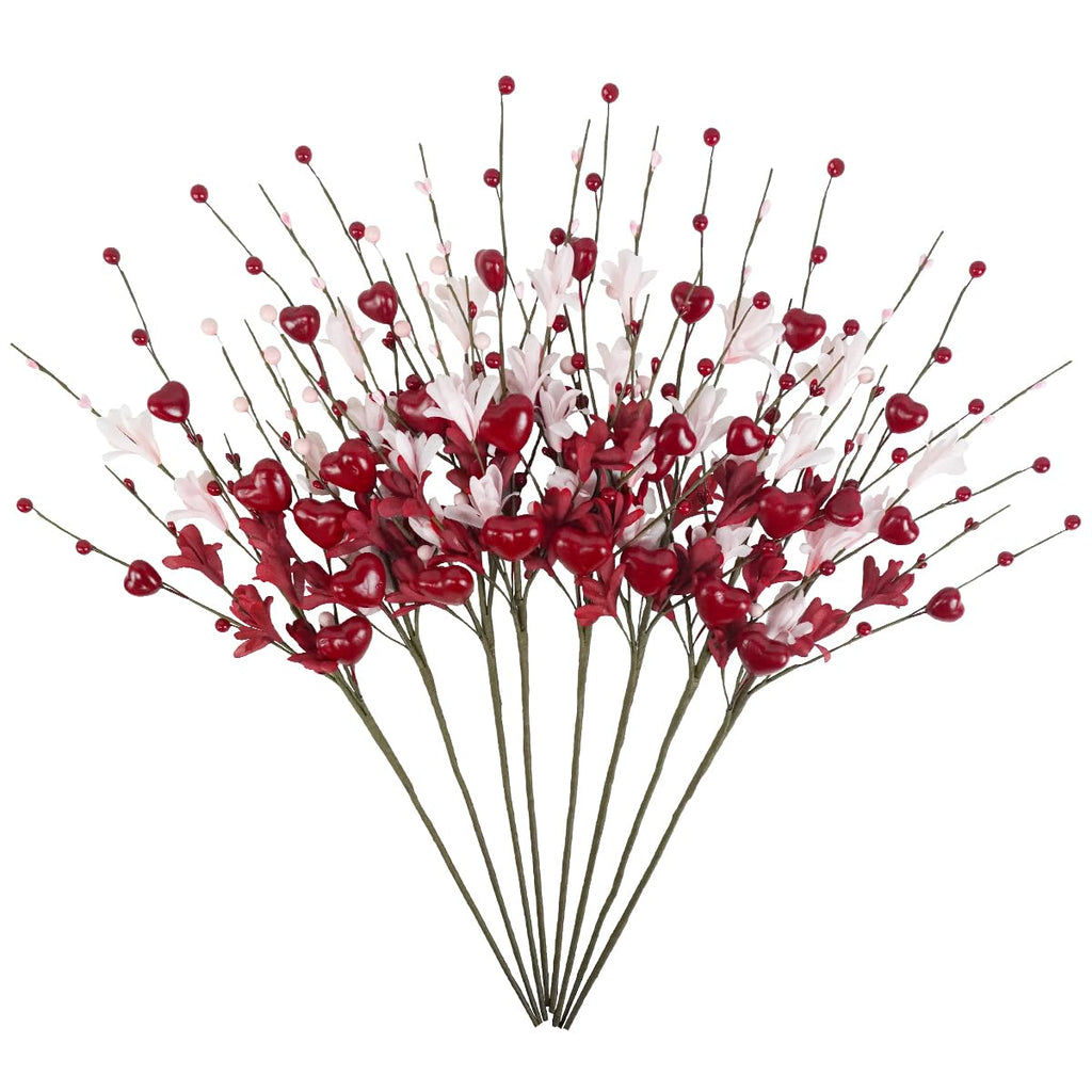 Valentines Day Decorations, 8PCS Valentine Floral Picks, Red Pink Heart Shaped Flower Stems, Artificial Berry Dry Flower Fillers for Vase, Table Centerpiece, Wedding Arrangement, Galentines, 24INCH