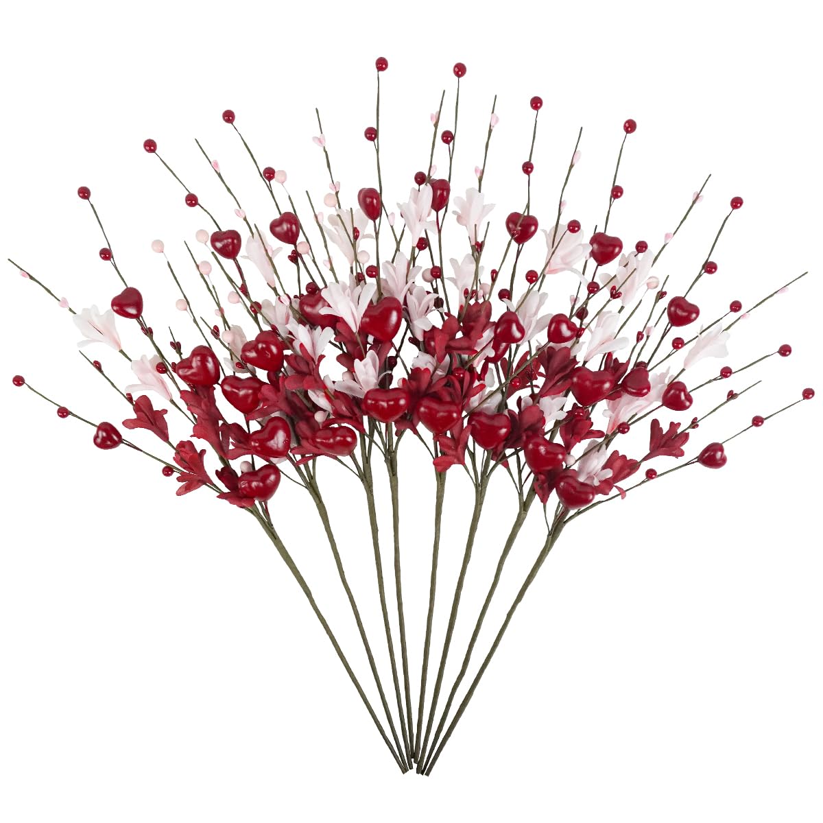 Valentines Day Decorations, 8PCS Valentine Floral Picks, Red Pink Heart Shaped Flower Stems, Artificial Berry Dry Flower Fillers for Vase, Table Centerpiece, Wedding Arrangement, Galentines, 24INCH
