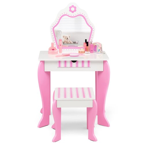 HONEY JOY Kids Vanity, Toddler Makeup Table with Mirror and Stool, Wooden Pretend Play Vanity for Little Girls, Detachable Mirror and Storage Drawer, Kids Vanity Table and Chair Set (Pink)
