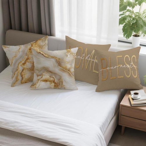 OBSEDE Inspirational Beige Marble Throw Pillow Covers 18 × 18 in, Set of 4, Couch Cushion Cases Inserts for Sofa Bed Living Room Home Decor, Single-Sided Print