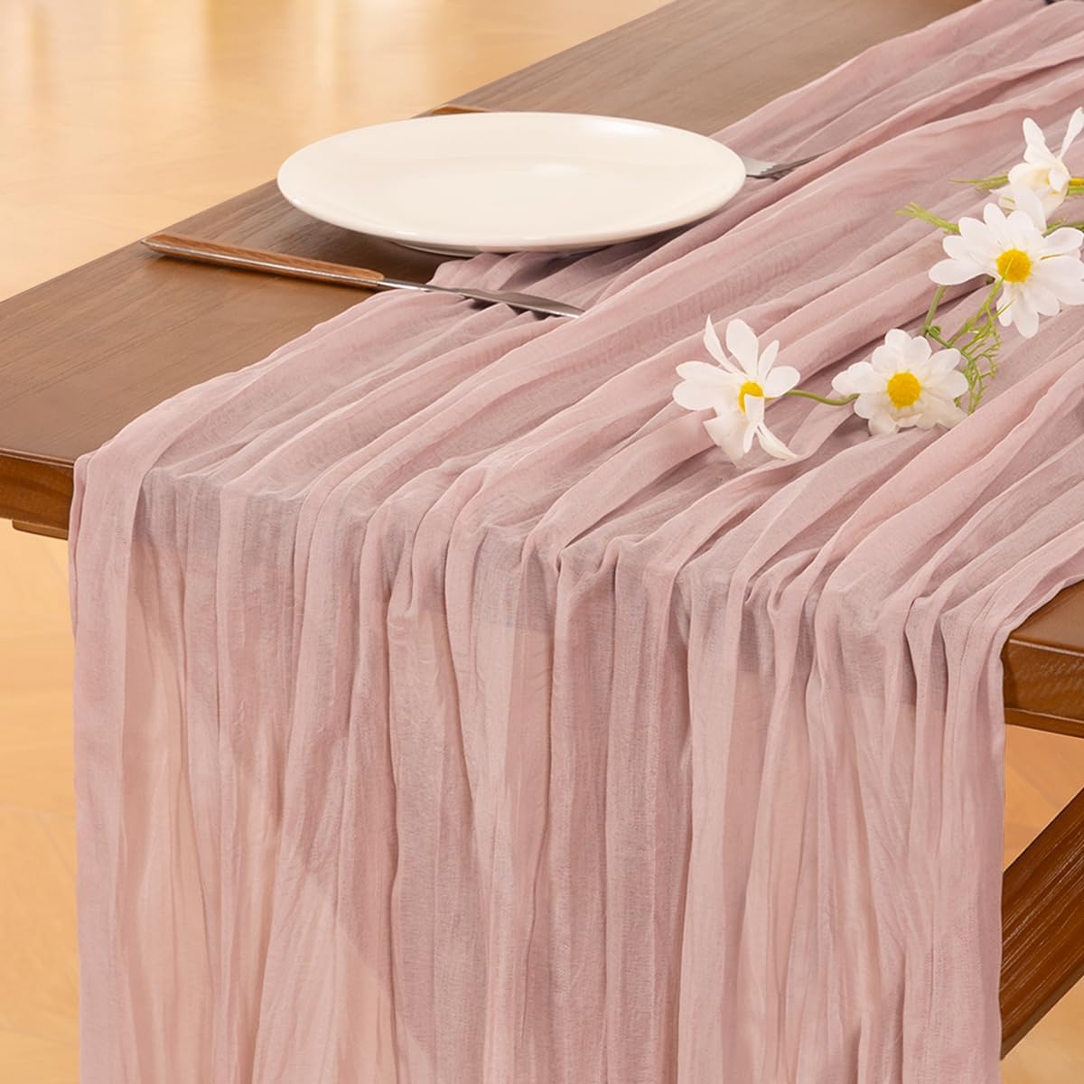 Socomi Pink Cheesecloth Table Runner - 14FT Boho Rustic Design for Spring Easter Weddings & Baby Showers