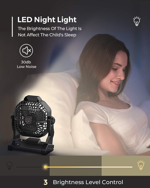 JINLICTE Camping Fan with LED Lantern, 36 Hours 9 Inch Portable Rechargeable Battery Powered Fan with Stepless Speed and Quiet Battery Operated for Picnic, Barbecue, Fishing, Travel, Home, Tent