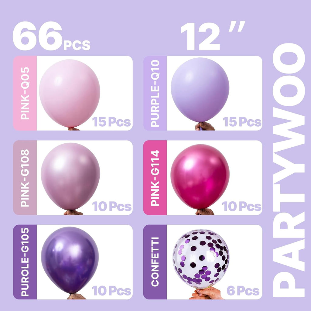 PartyWoo 66pcs Pink & Purple Balloons - 12 Inch Pastel Metallic & Confetti for Baby Shower & Birthday Decor