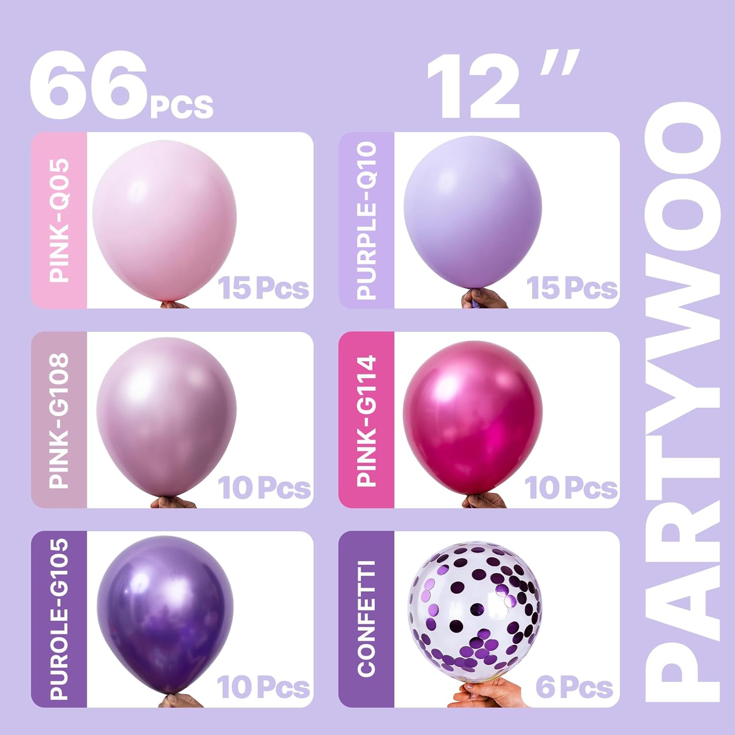 PartyWoo 66pcs Pink & Purple Balloons - 12 Inch Pastel Metallic & Confetti for Baby Shower & Birthday Decor