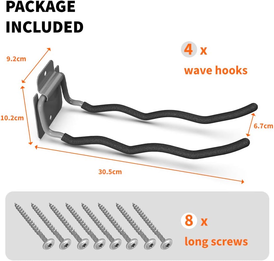 TORACK Garage Hooks - Heavy Duty 12" Steel Tool Organizer | 4 Pack Wall Mount Storage for Tires, Ladders & Tools