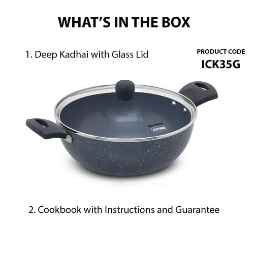 HAWKINS Ceramic Nonstick 3.5 Litre Deep Kadhai, Induction Deep Fry Pan with Glass Lid, Granite Kadai (ICK35G)