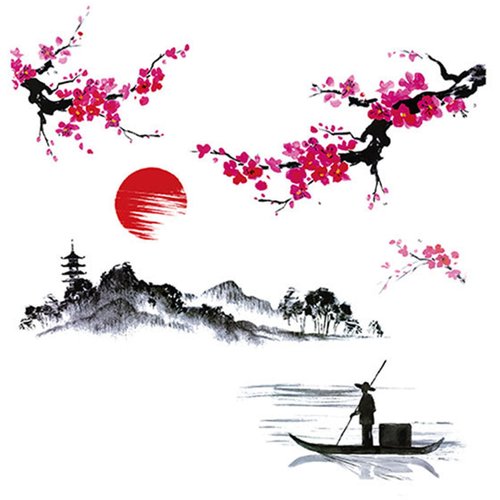 Large Japanese Wall Decor Stickers, BWCXXZH Red Cherry Blossom Tree Wall Murals Mountain River Fisherman Peel and Stick 3D Art Stickers for Girls Bedroom Nursery Living Room TV Home Decor