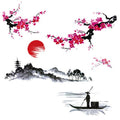 Large Japanese Wall Decor Stickers, BWCXXZH Red Cherry Blossom Tree Wall Murals Mountain River Fisherman Peel and Stick 3D Art Stickers for Girls Bedroom Nursery Living Room TV Home Decor