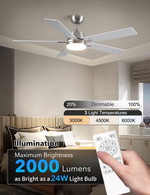 52 Inch Ceiling Fans with Lights and Remote, Brushed Nickel Ceiling Fan, 6 Speed Reversible DC Motor, 3CCT Dimmable LED, Modern Design for Bedroom, Living room & Covered Outdoor,Includes Downrod