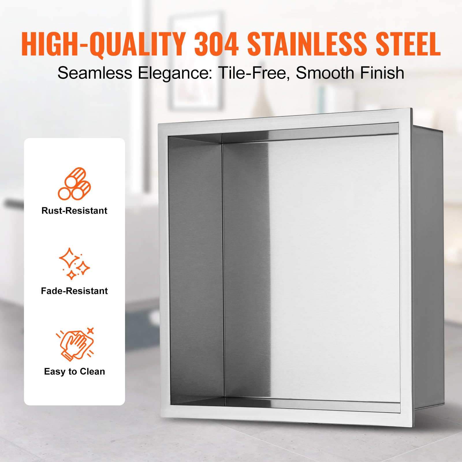 VEVOR Shower Niche No Tile Needed, Stainless Steel Niche for Shower Wall, Sealed Waterproof Rust-Resistant Bathroom Niche for Storage, 13x13'' Single Shelf