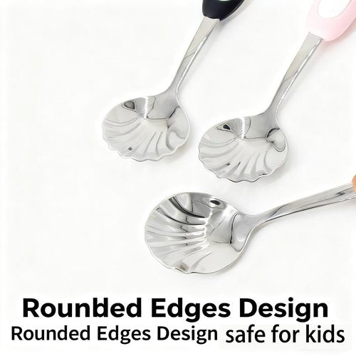 Cute Animal Design Stainless Steel Shell Spoons, Silver and White, Kids Tableware with Decorative Panda and Bear Handles, 3 Pack