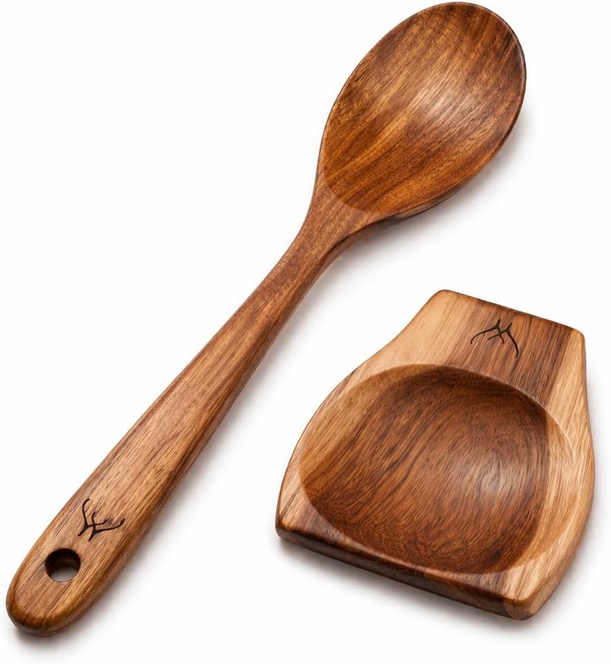 Premium Teak Wooden Spoon - 12" Long Handle Cooking Utensil with Spoon Rest | Perfect Kitchen Gift