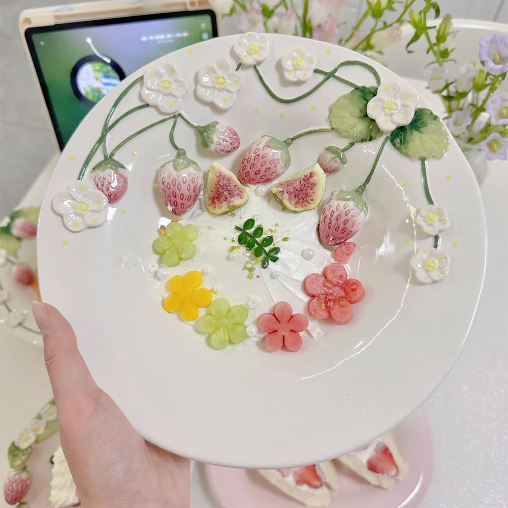 Hikiwin Handmade 3D Embossed Strawberry Ceramic Plate