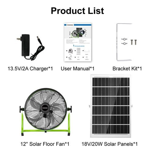 COORHEIX 12'' Solar Powered Floor Fan Rechargeble,18000mAh Battery Operated Fan 5-Blade Solar Portable Outdoor Fan 360° Tilt for Outside, Greenhouse, Camping, Shed