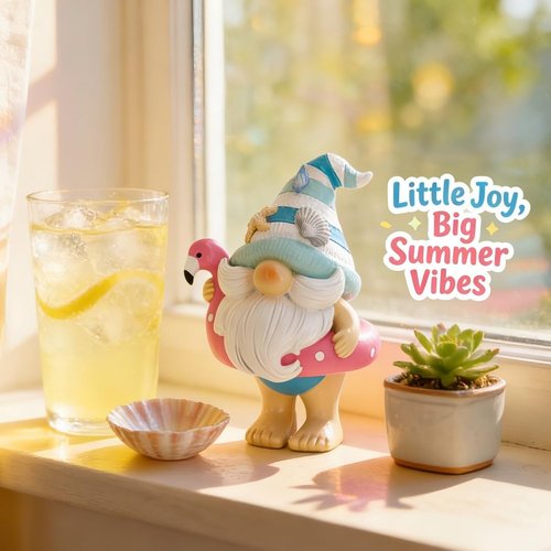 Hodao Coastal Ocean Gnome Decorations - Hand-Painted Beach Gnome Figurine with Flamingo Float & Seashell Hat