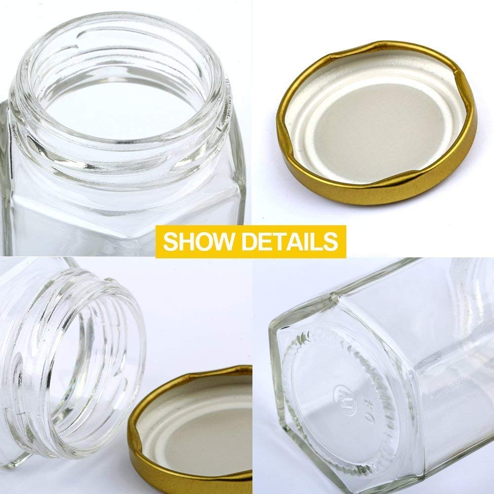 Encheng 6 oz Clear Hexagon Jars,Small Glass Honey Jars With Lids(Golden),Mason Jars For Herbs,Foods,Jams,Liquid, Canning Jars Spice Jar For Storage 25 Pack