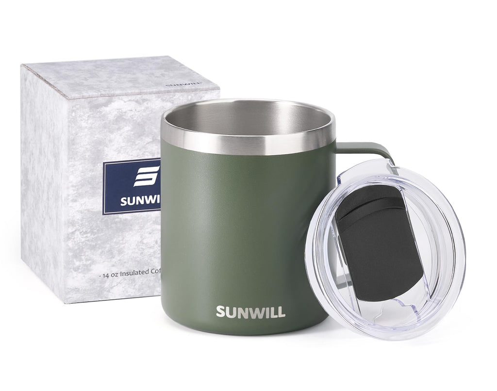 SUNWILL Travel Coffee Mug with Lid, Insulated Tumbler with Handle, 14 oz Stainless Steel Cup for Home, Office, Camping, Powder Coated Camp Green