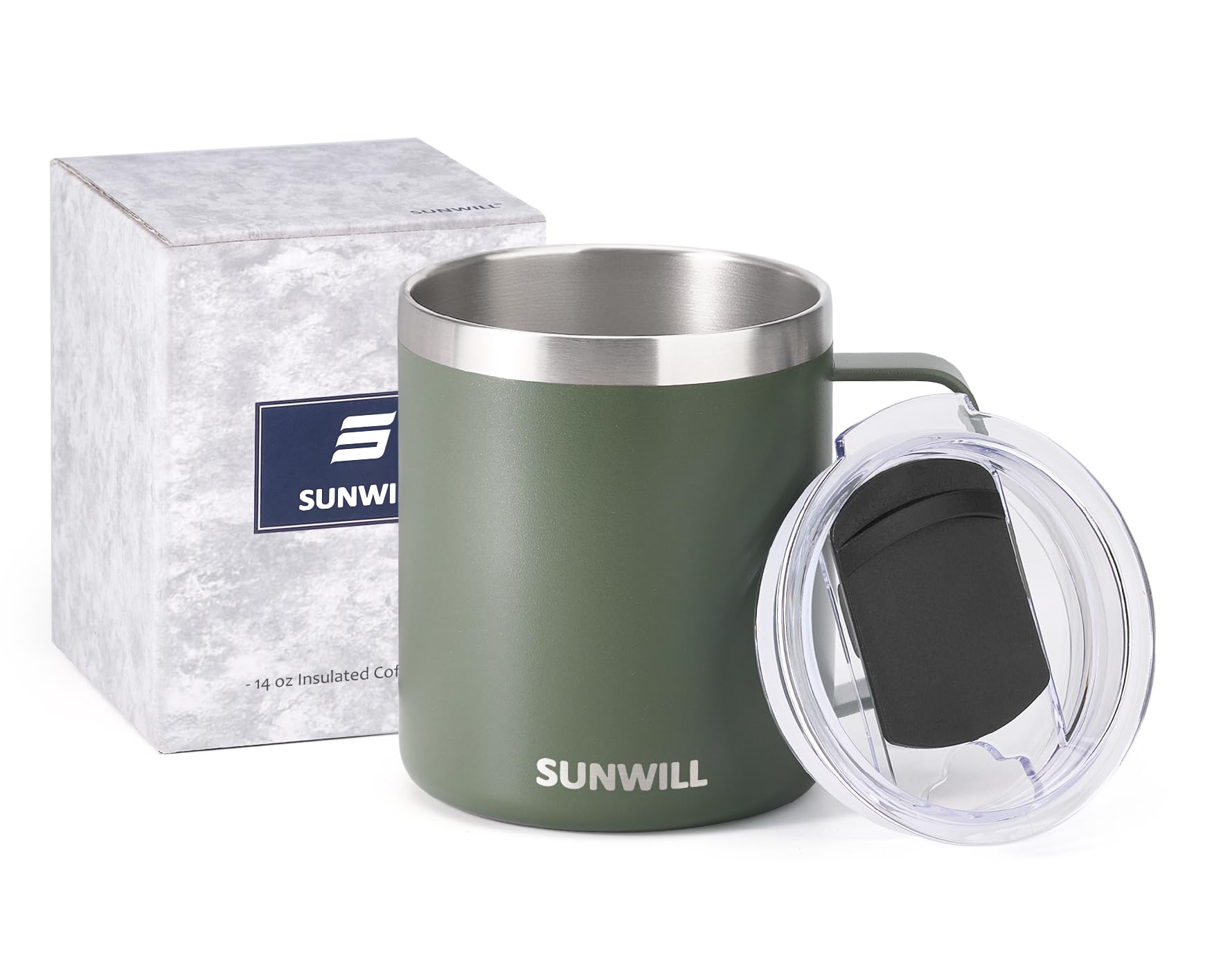 SUNWILL Travel Coffee Mug with Lid, Insulated Tumbler with Handle, 14 oz Stainless Steel Cup for Home, Office, Camping, Powder Coated Camp Green