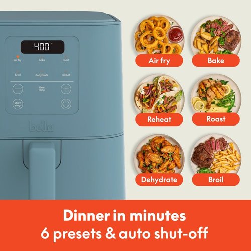 Bella 4Qt Slim Air Fryer - Compact Kitchenware with Nonstick Ceramic Coating | 6 Cooking Presets, 60 Min Auto Shutoff, Surf Color